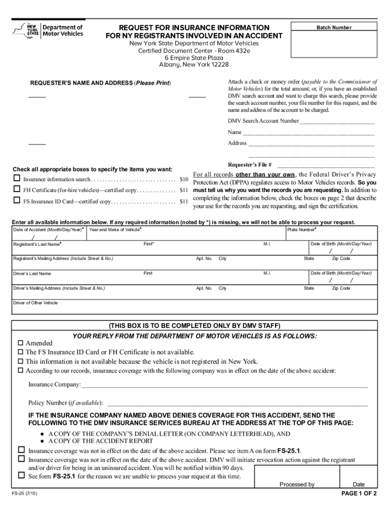 Form FS-25 - Request for Insurance Information for NY Registrants - New York