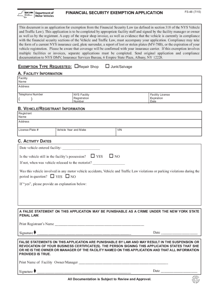 Form FS-48 - Financial Security Exemption Application - New York