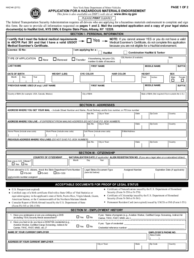 Form HAZ-44 - Application for a Hazardous Materials Endorsement - New York