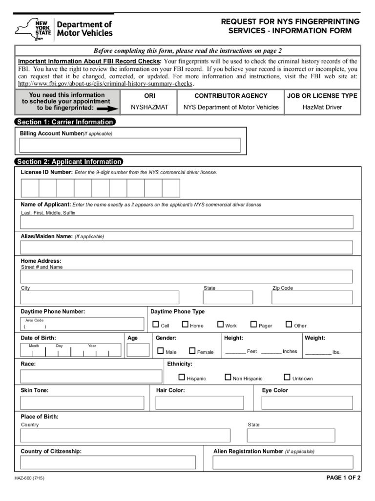 Form HAZ-600 - Request for Fingerprinting Services - New York