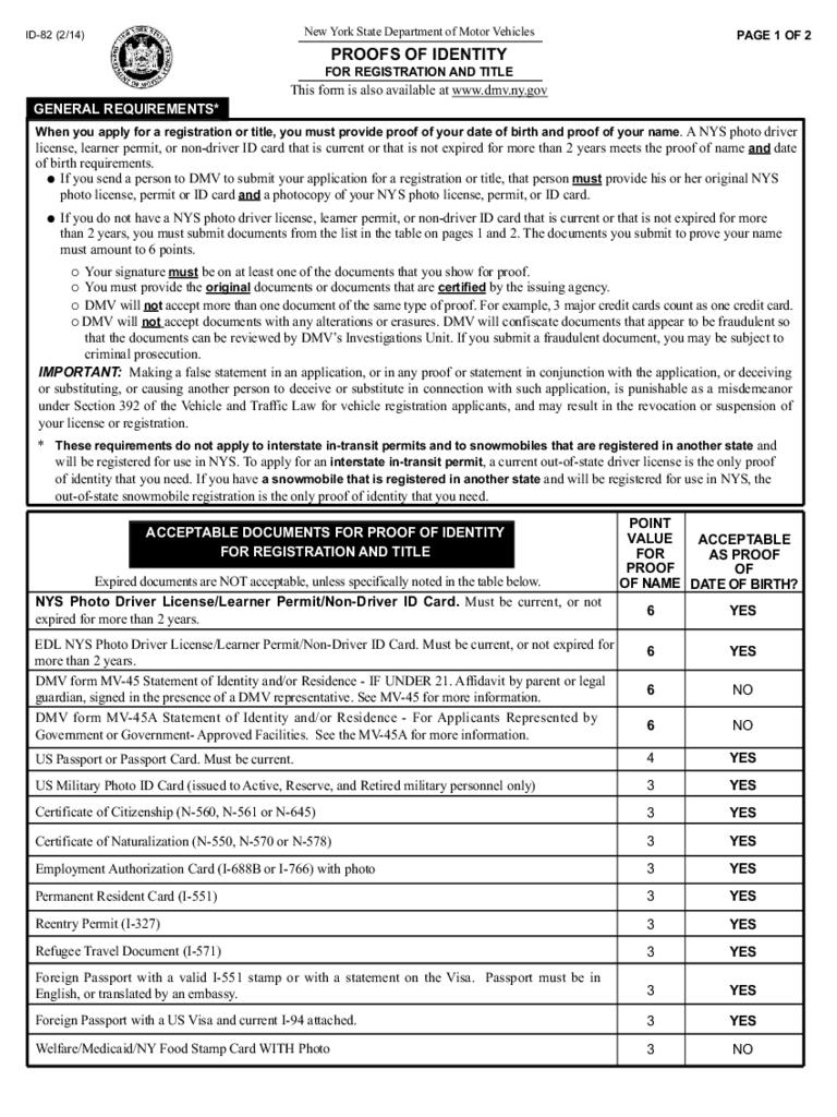 Form ID-82 - Proofs of Identity for Registration and Title - New York