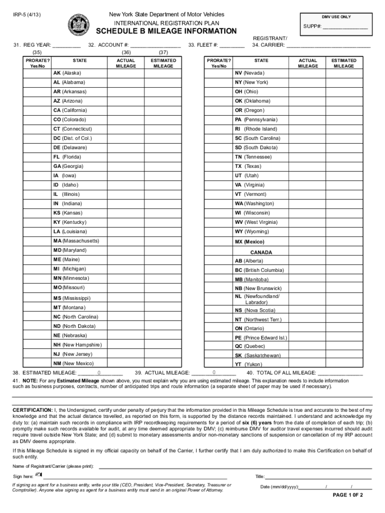 Form IRP-5 - Schedule B Mileage Information (2013) - New York