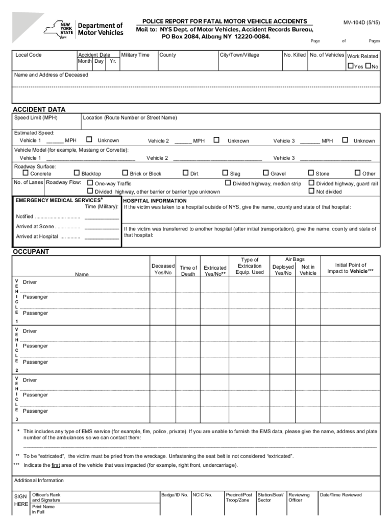 Form MV-104D - Police Report for Fatal Motor Vehicle Accidents - New York