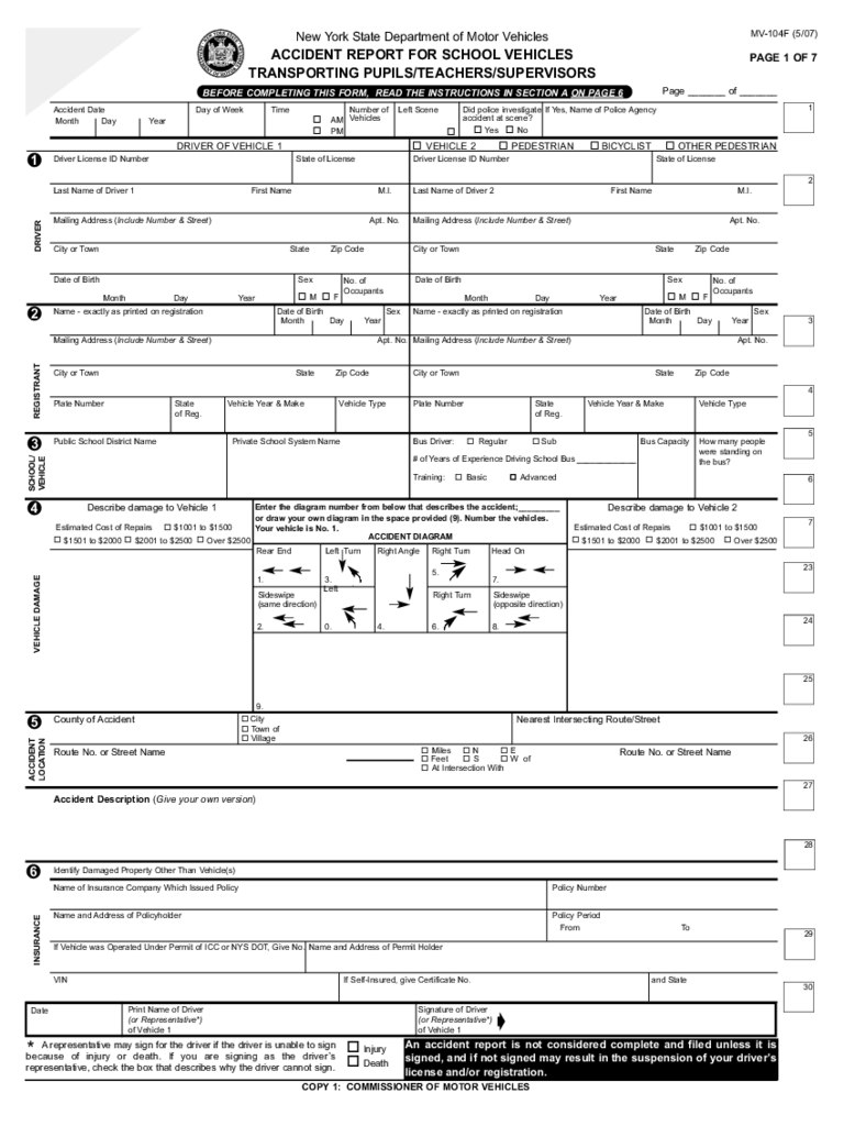 Form MV-104F - Accident Report for School Vehicles - New York