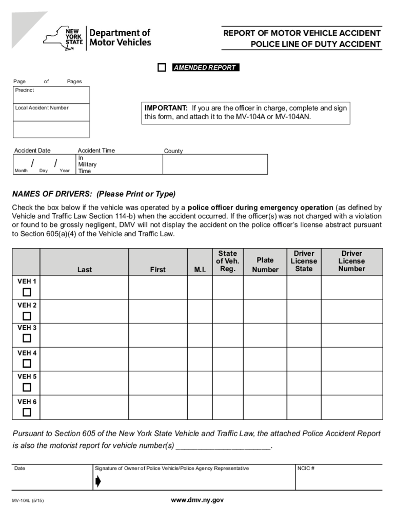 Form MV-104L - Motor Vehicle/Police Line of Duty Accident Report - New York