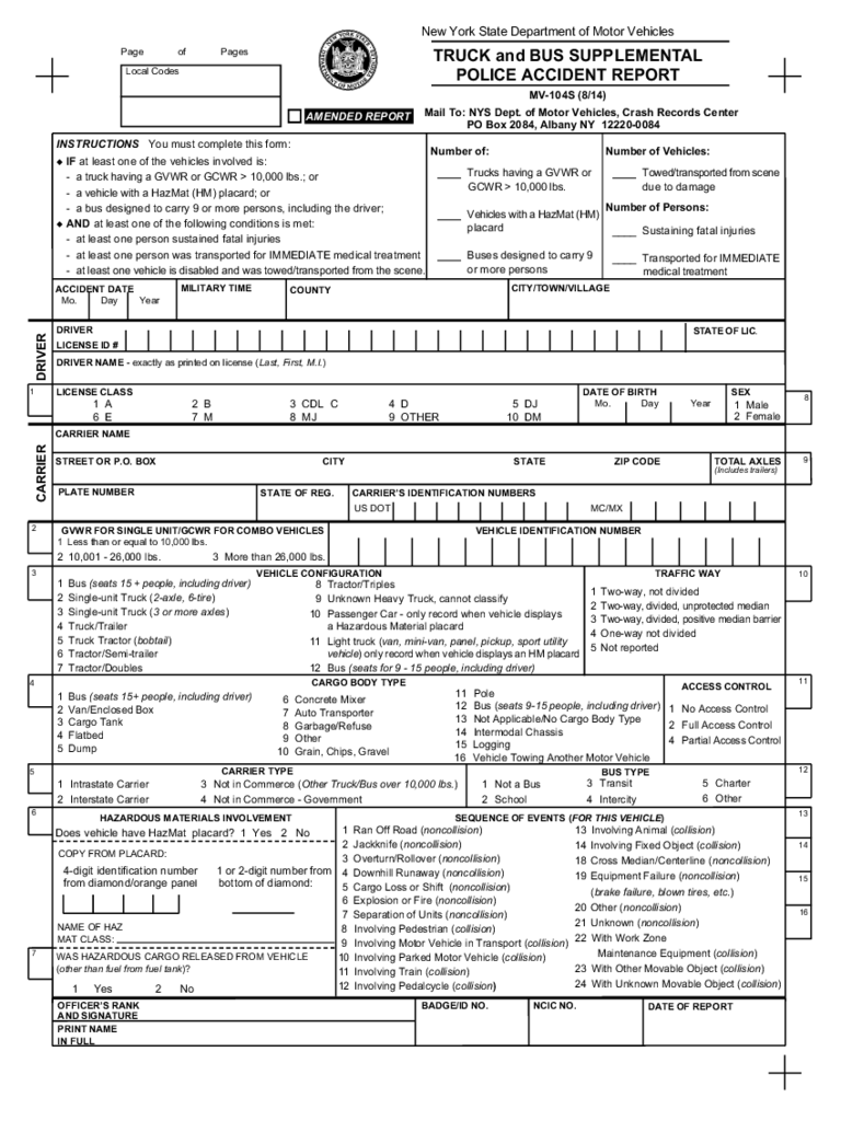 Form MV-104S - Truck and Bus Supplemental Police Accident Report - New York