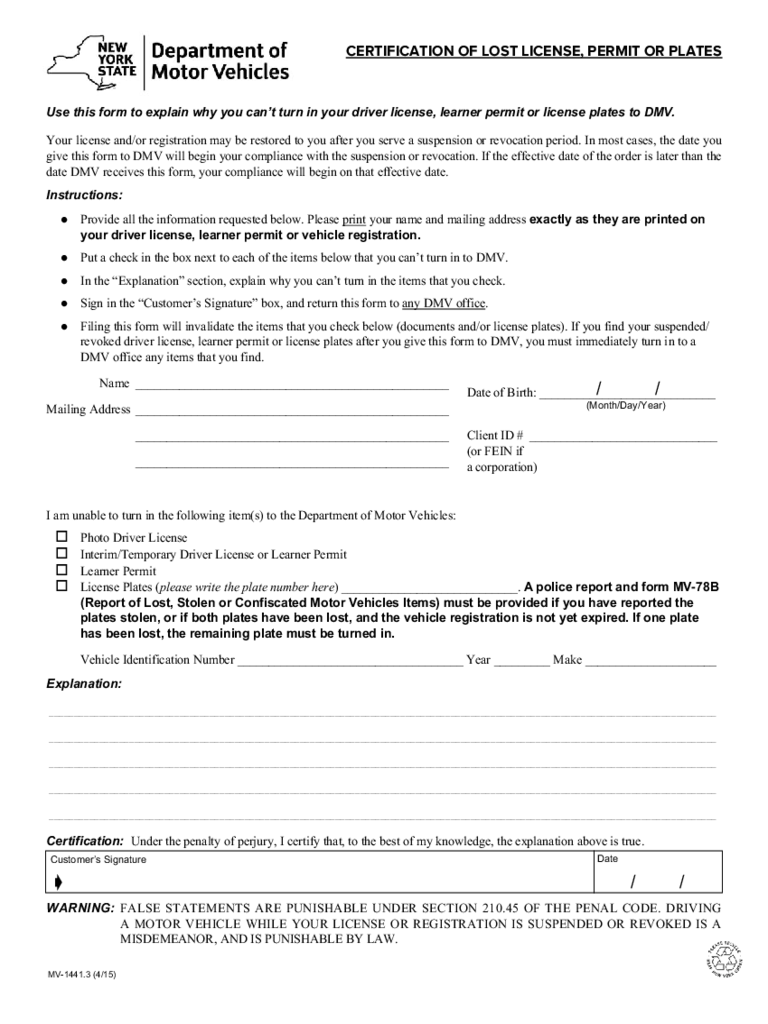 Form MV-1441.3 - Certification of Lost License, Permit or Plates - New York