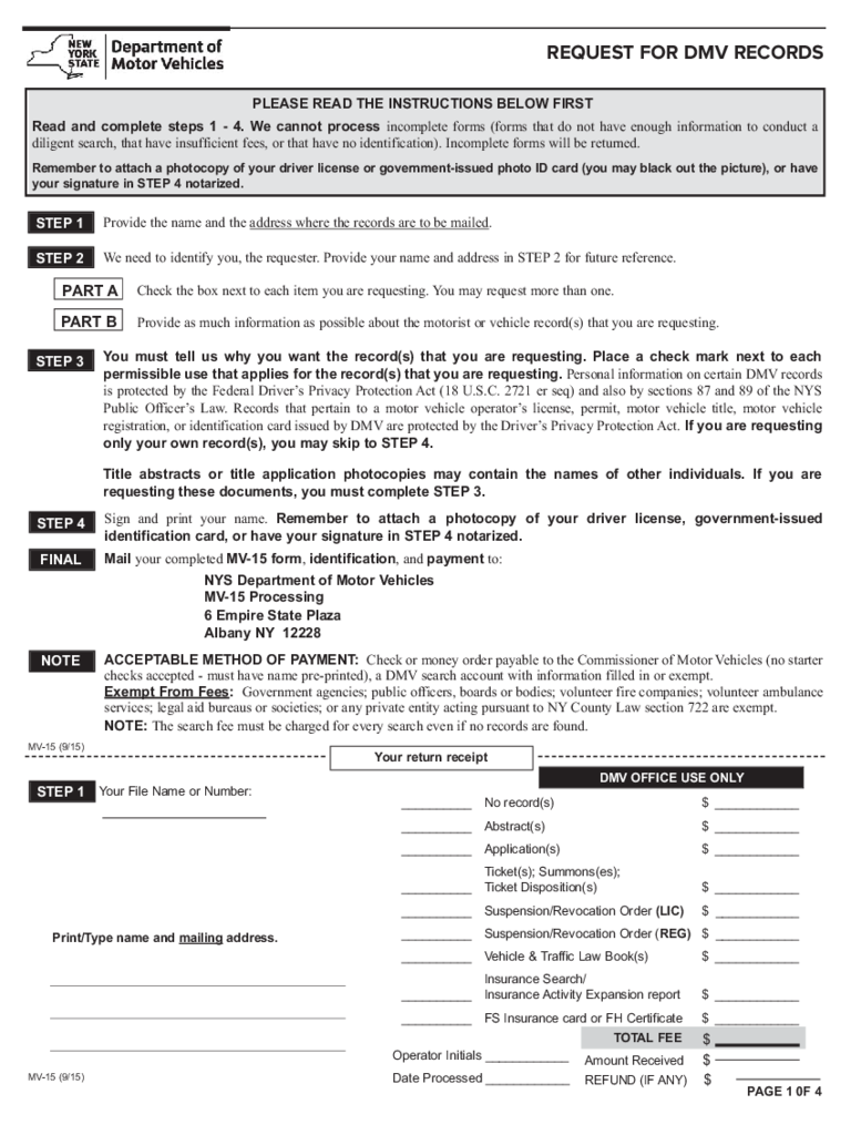 Form MV-15 - Request for DMV Records - New York