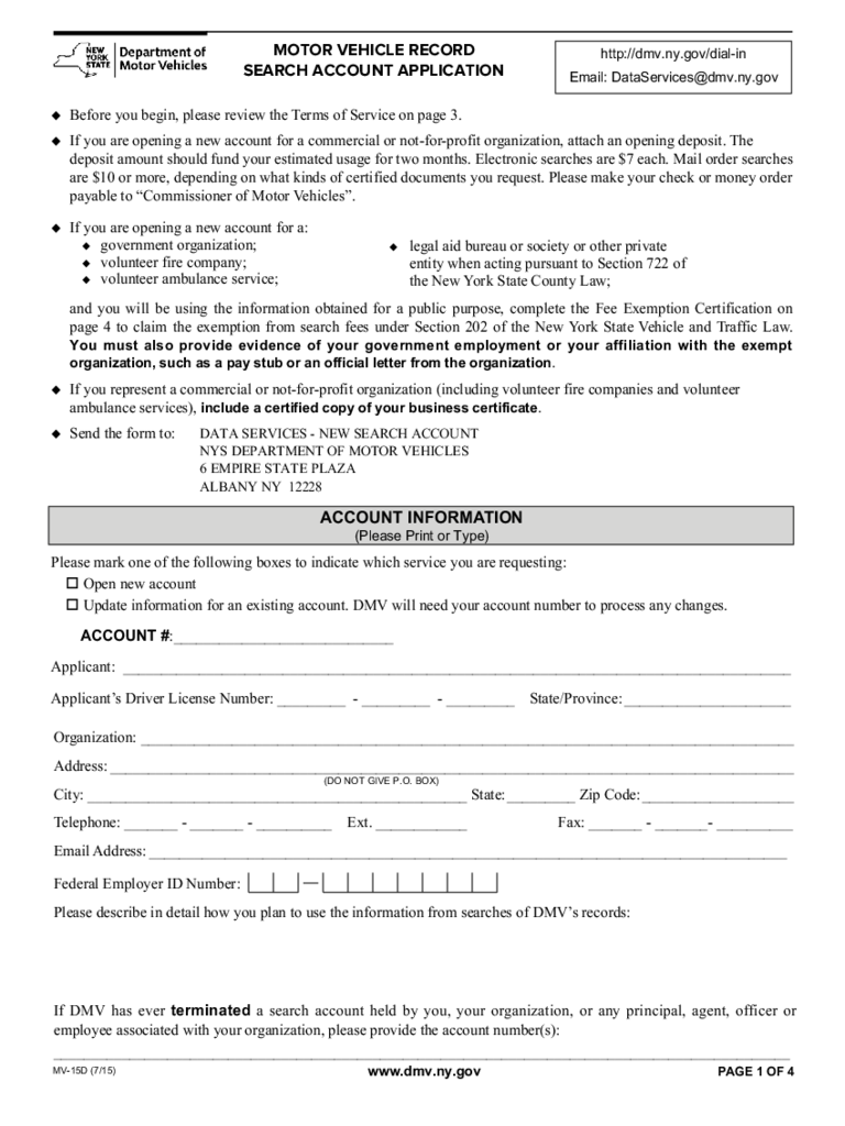 Form MV-15D - Motor Vehicle Record Search Account Application - New York
