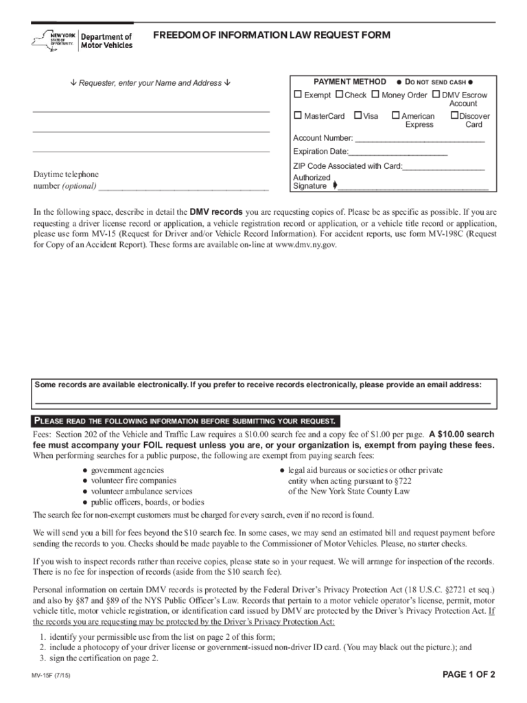 Form MV-15F - Freedom of Information Law Request Form - New York