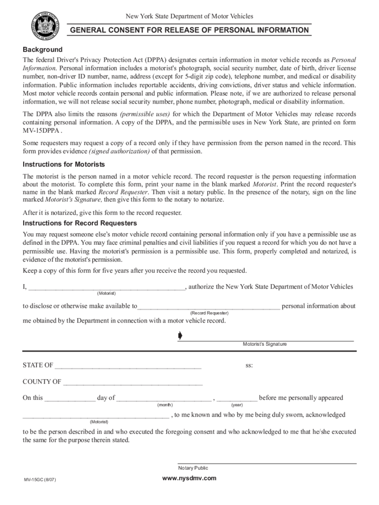 Form MV-15GC - General Consent for Release of Personal Information - New York