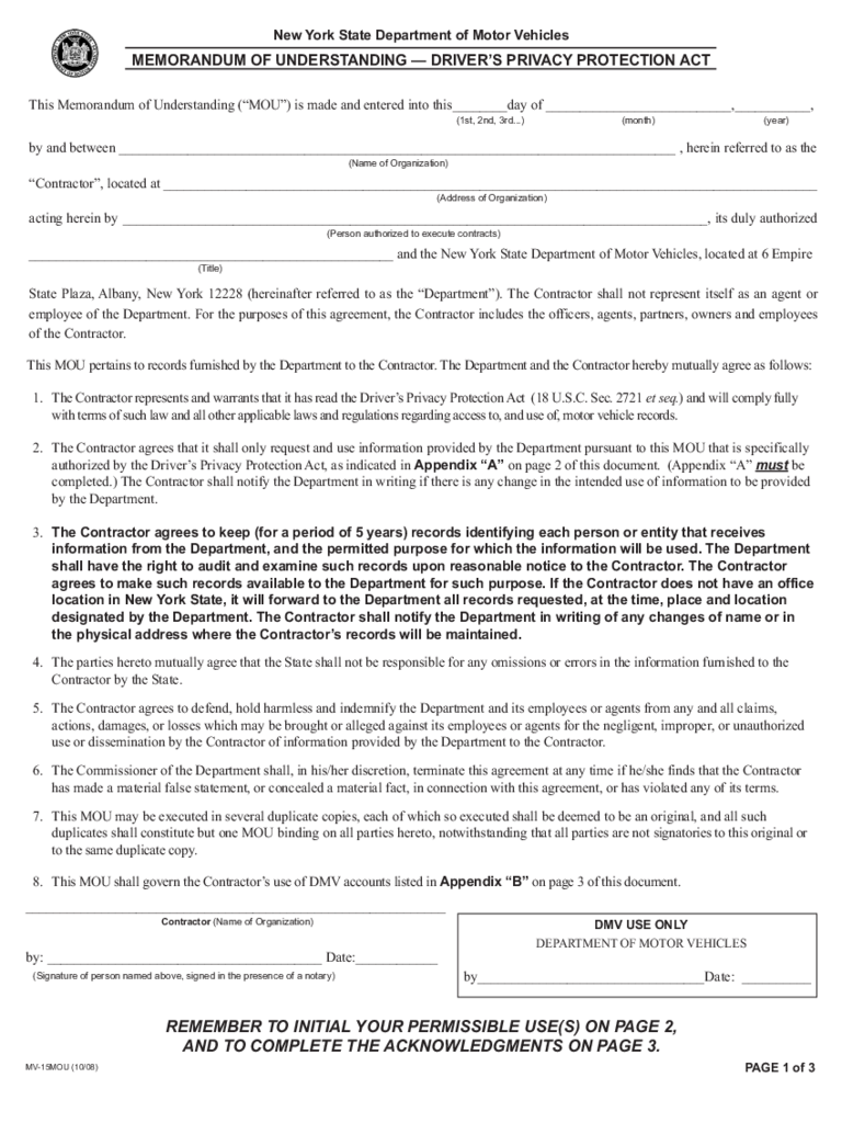Form MV-15MOU - Understanding Memorandum (Driver Privacy Protection Act) - New York