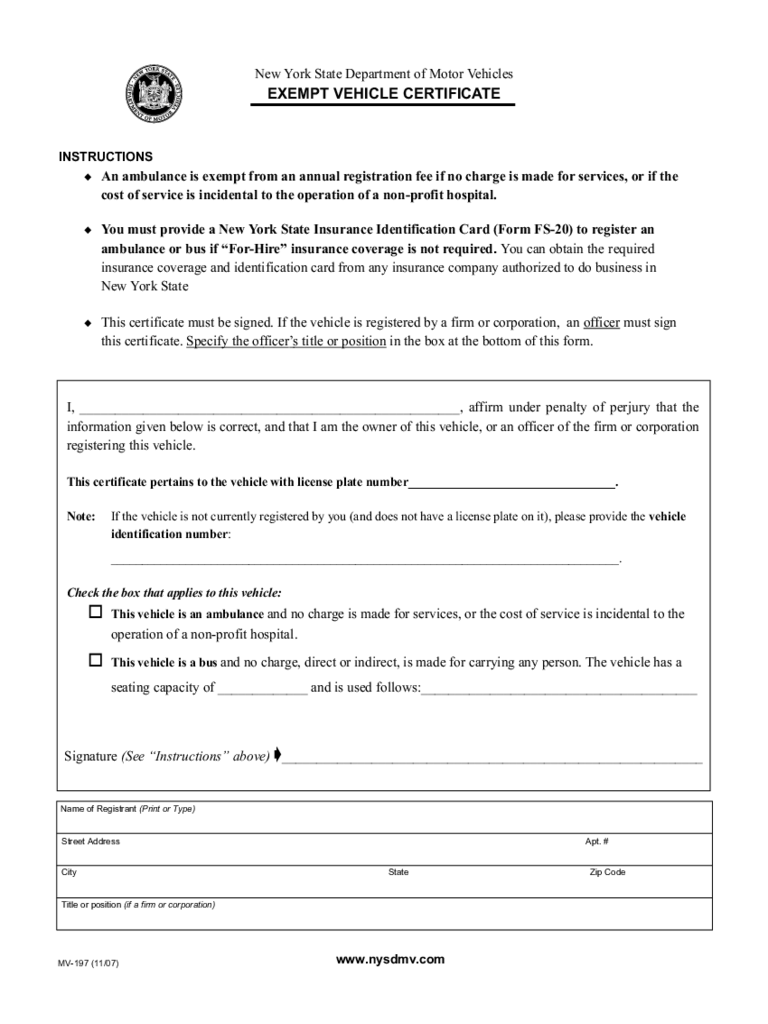 Form MV-197 - Exempt Vehicle Certificate - New York