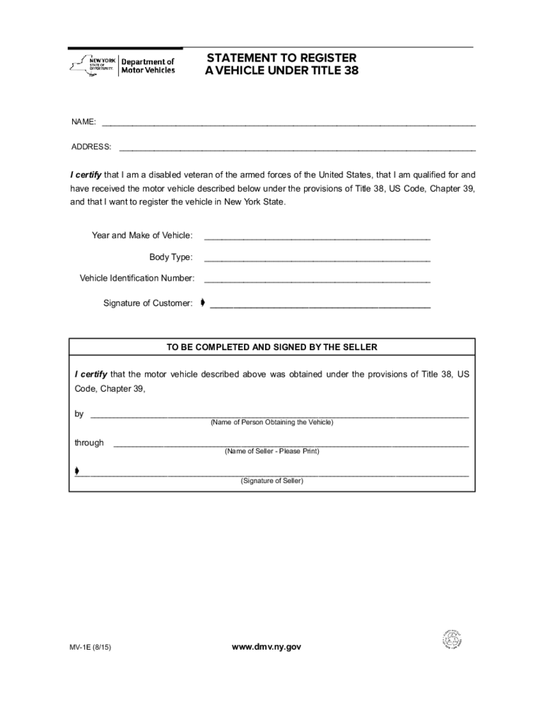 Form MV-1E - Statement to Register a Vehicle Under Title 38 - New York