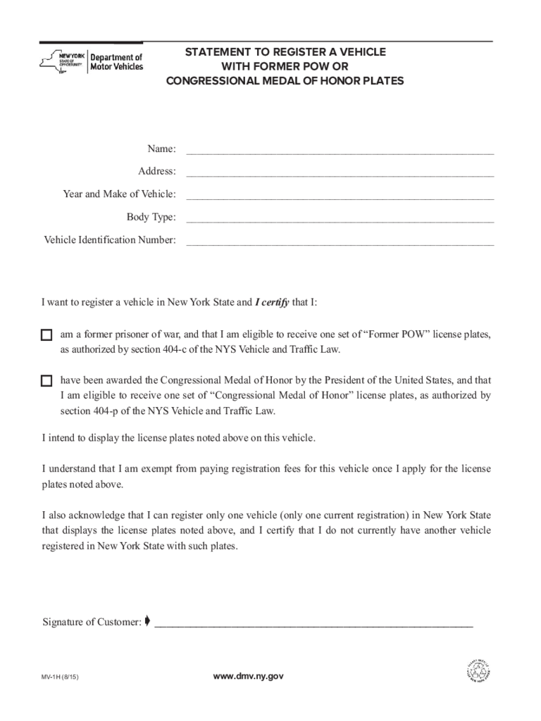 Form MV-1H - Statement to Register Vehicle - New York
