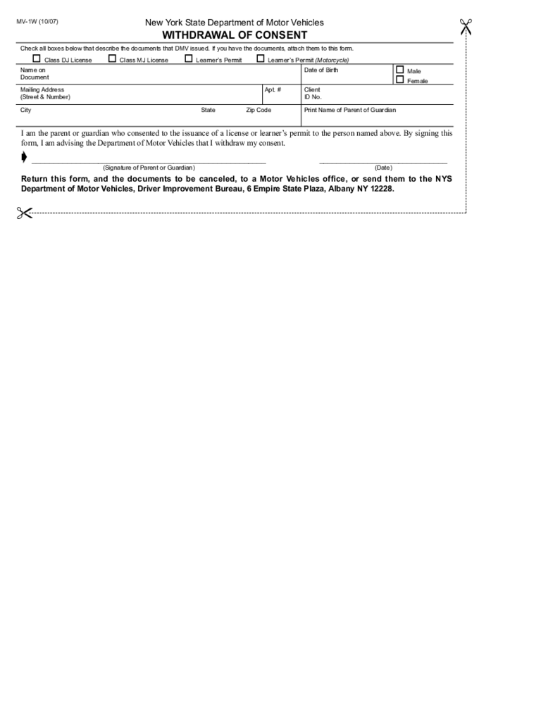Form MV-1W - Withdrawal of Consent - New York