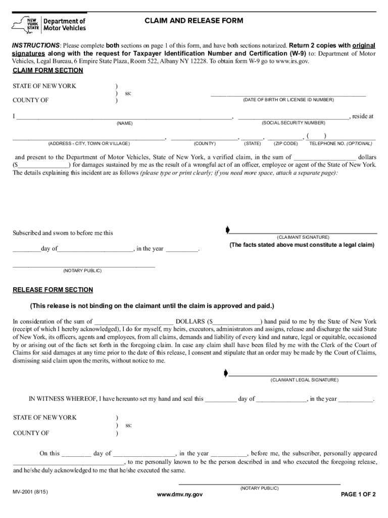 Form MV-2001 - Claim and Release Form - New York