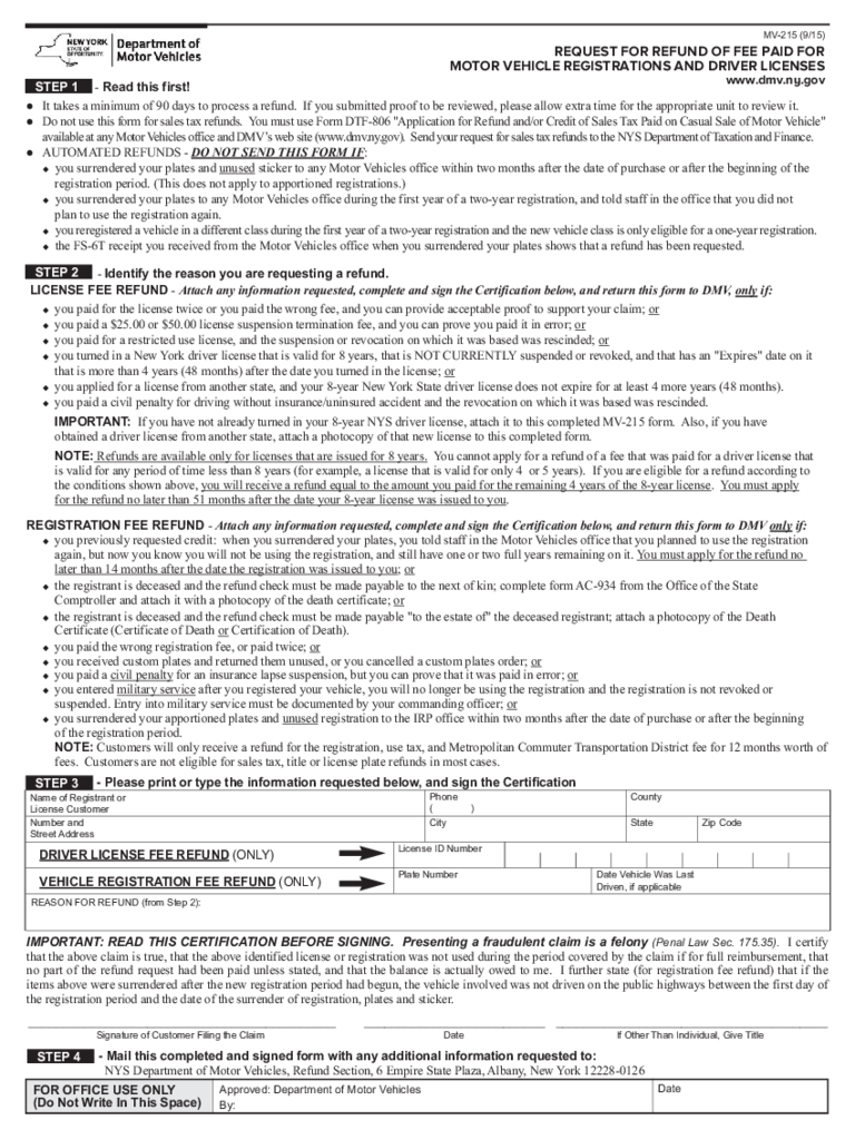 Form MV-215 - Refund Request of Motor Vehicle Registrations/Driver Licenses Fee - New York
