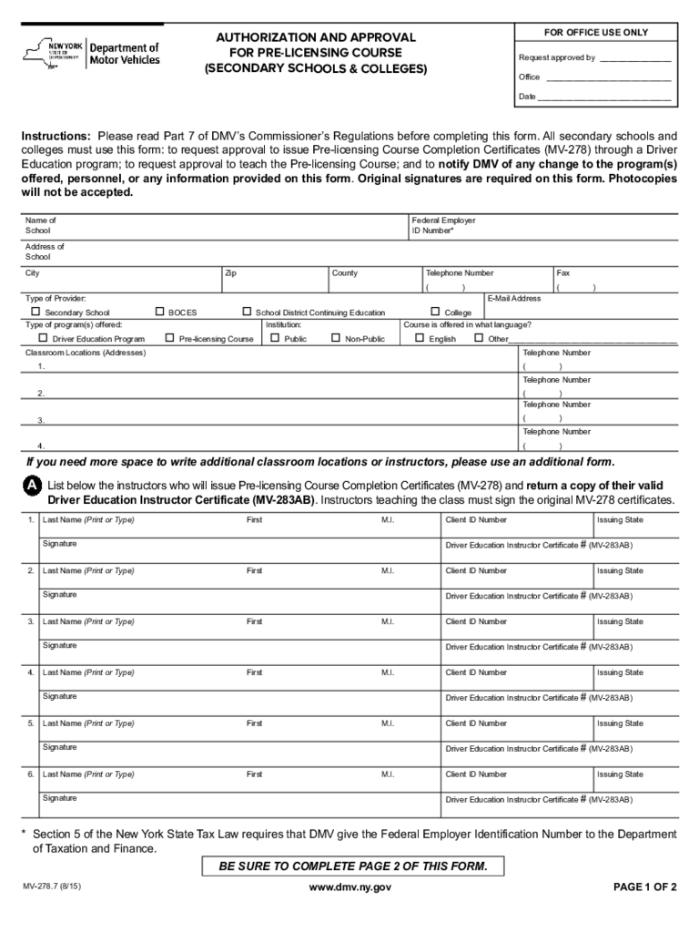 Form MV-278.7 - Authorization and Approval for Pre-Licensing Course - New York