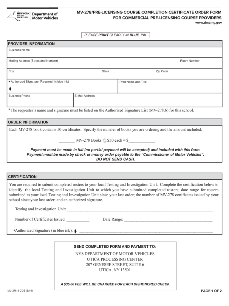 Form MV-278.8CDS - Pre-Licensing Course Completion Certificate Order Form - New York
