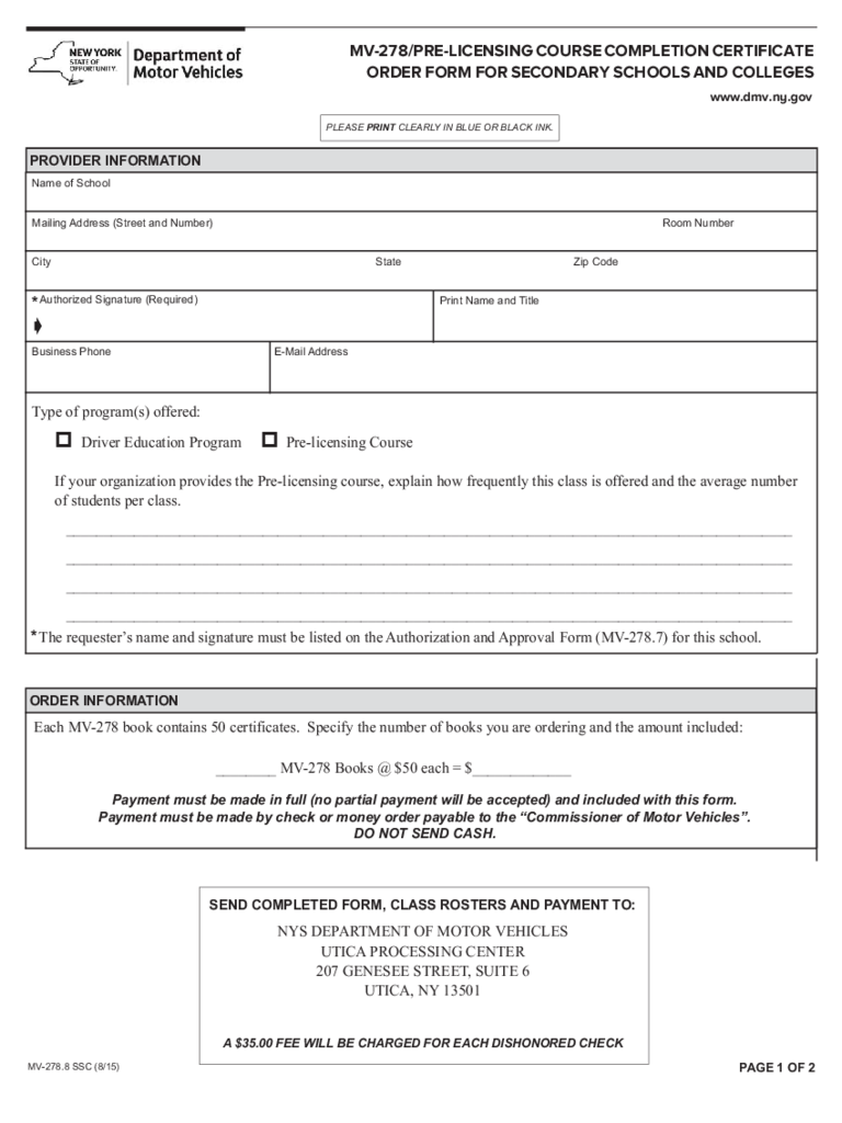 Form MV-278.8SSC - Pre-Licensing Course Completion Certificate Order Form - New York