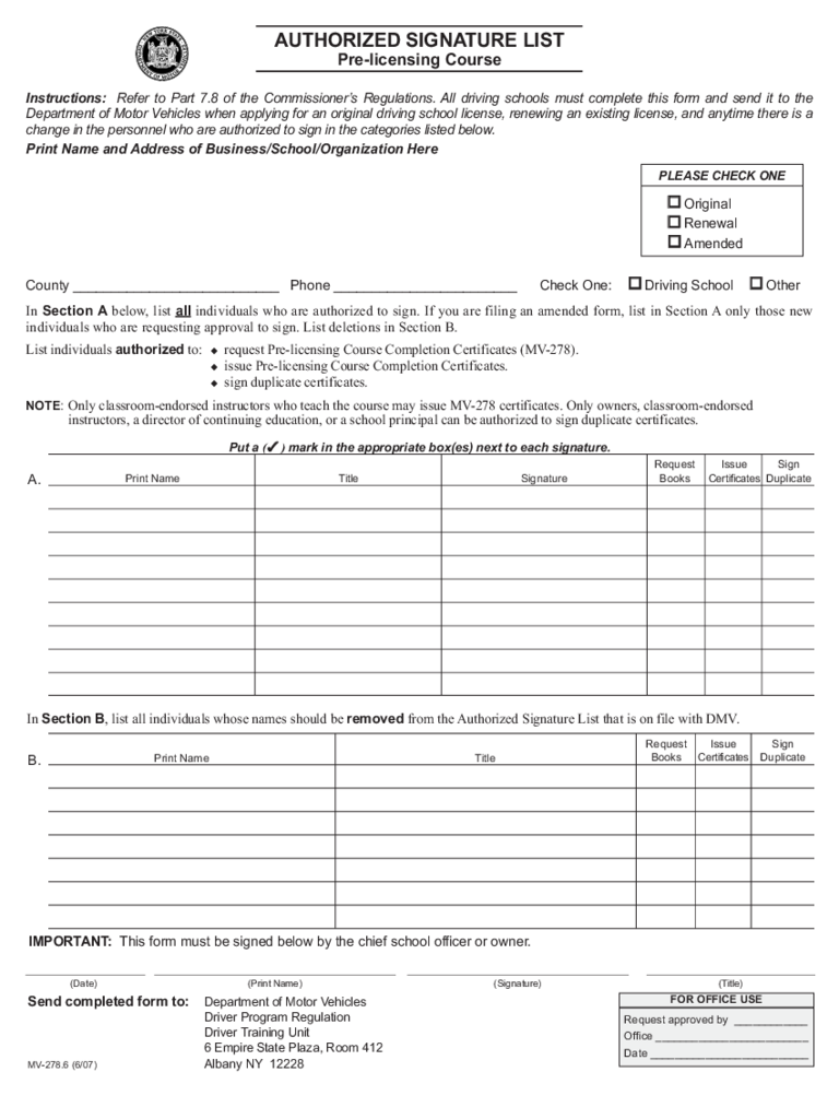 Form MV-2786 - Authorized Signature List - New York