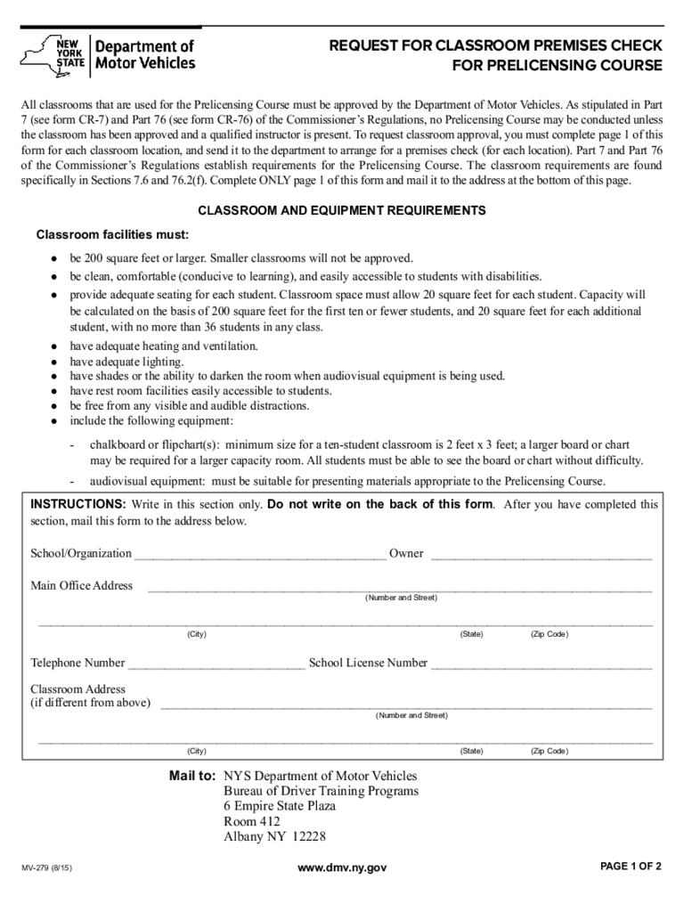 Form MV-279 - Request for Classroom Premises Check - New York