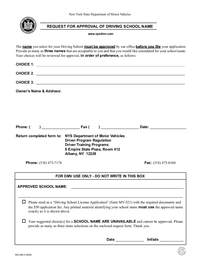 Form MV-299.3 - Request for Approval of Driving School Name - New York
