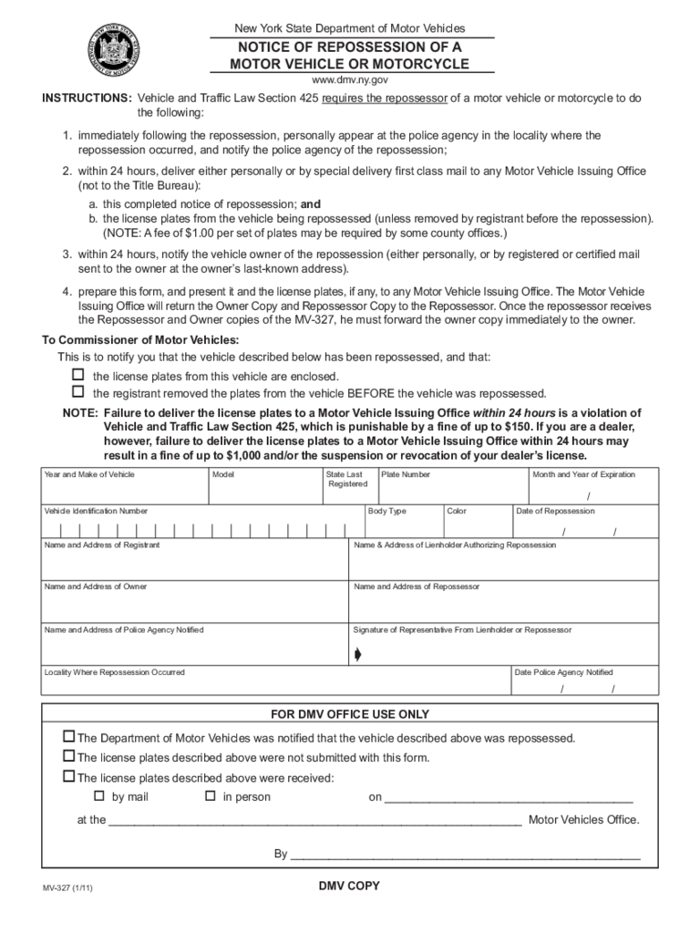 Form MV-327 - Repossession Notice of Motor Vehicle/Motorcycle - New York