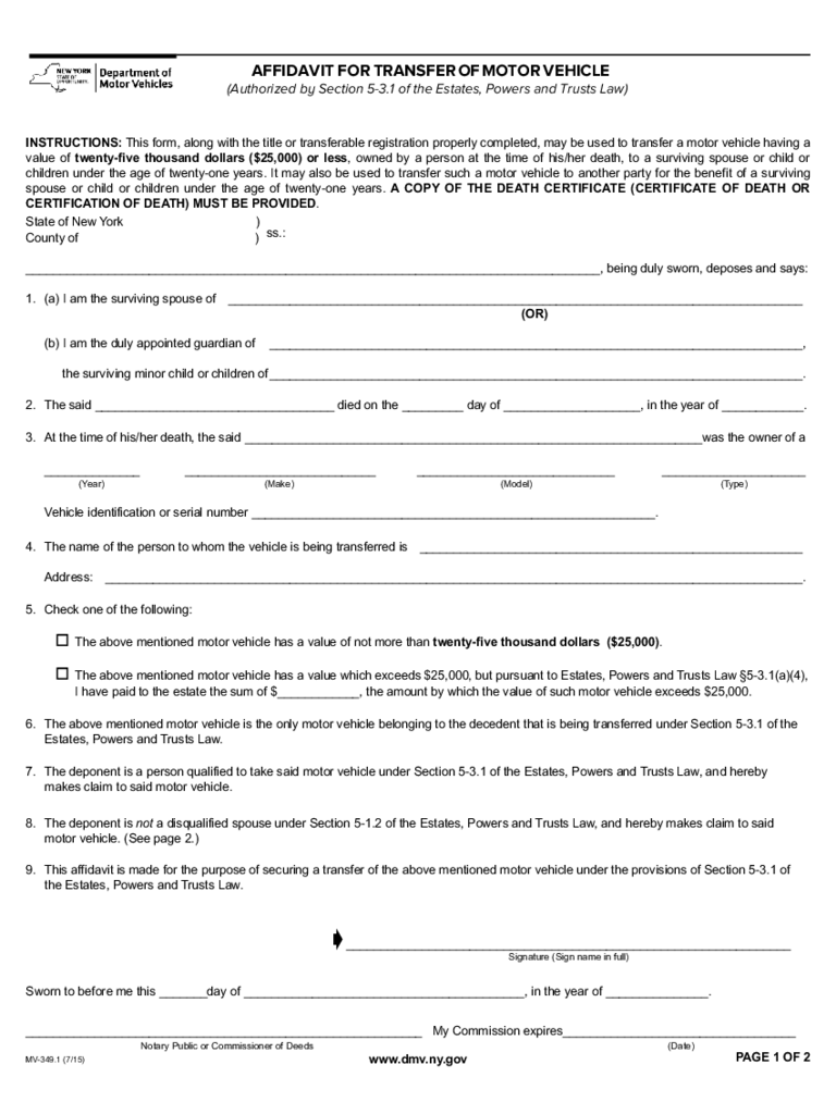 Form MV-349.1 - Affidavit for Transfer of Motor Vehicle - New York