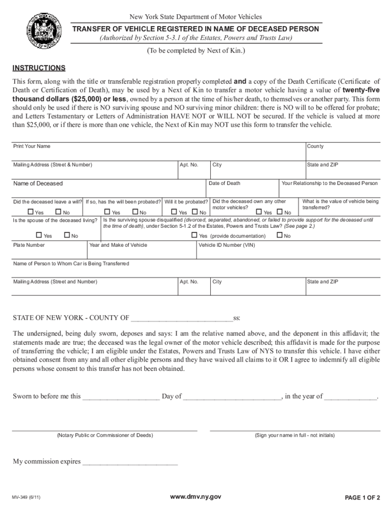 Form MV-349 - Transfer of Vehicle Registered in Name of Deceased Person - New York