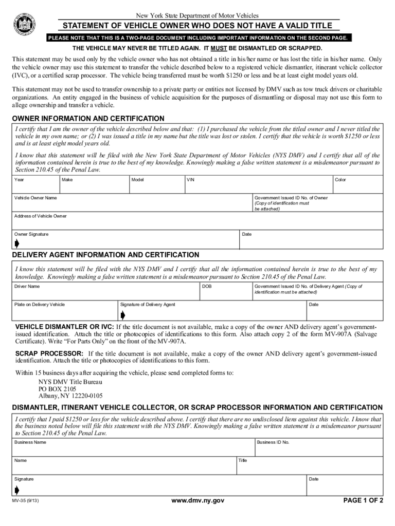Form MV-35 - Statement of Vehicle Owner Not Having Valid Title - New York