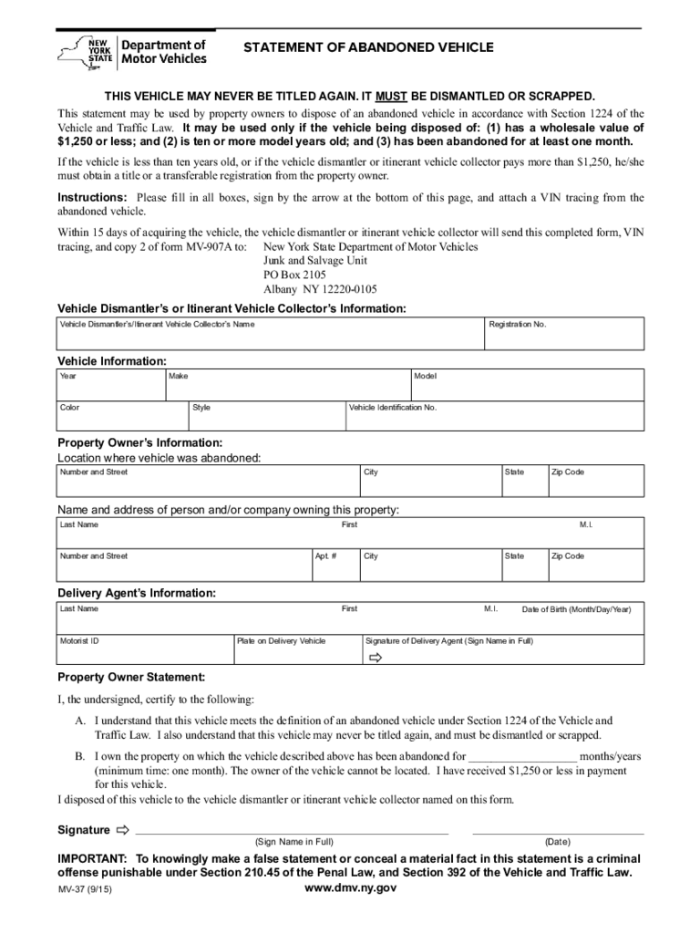 Form MV-37 - Statement of Abandoned Vehicle - New York