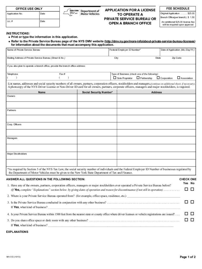 Form MV-372 - License Application to Operate Private Service Bureau/Open Branch Office - New York