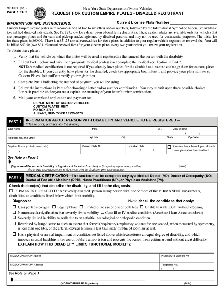 Form MV-400PH - Request for Custom Empire Plates - New York