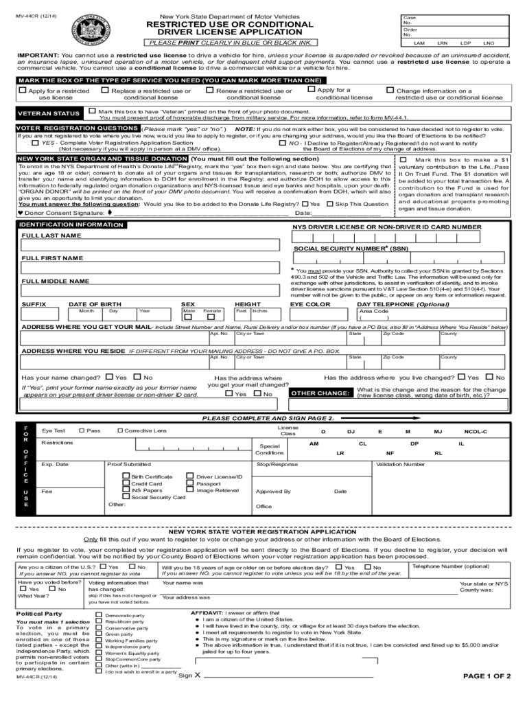Form MV-44CR - Restricted Use or Conditional Driver License Application - New York