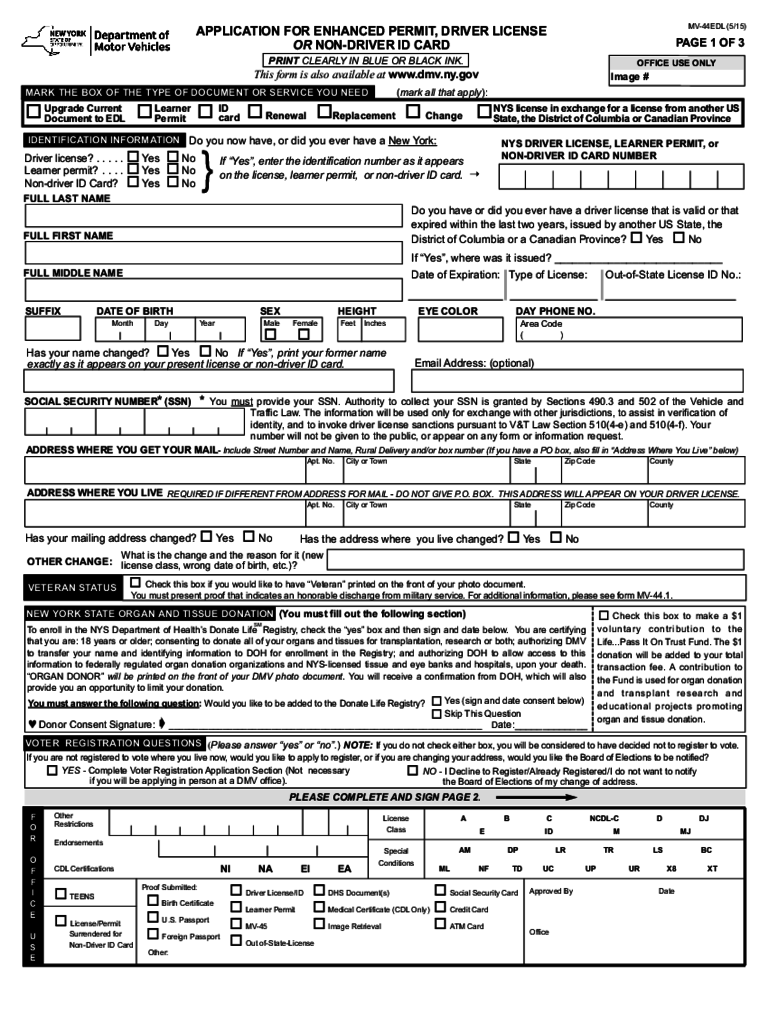 Form MV-44EDL - Application for Enhanced Permit, Driver License or Non-Driver ID Card - New York