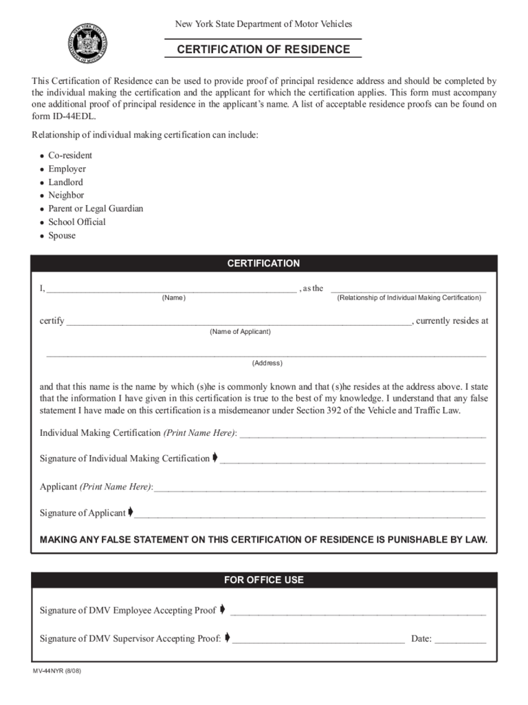 Form MV-44NYR - Certification of Residence - New York