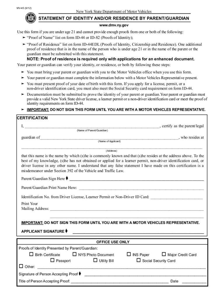 Form MV-45 - Statement of Identity by Parent/Guardian - New York