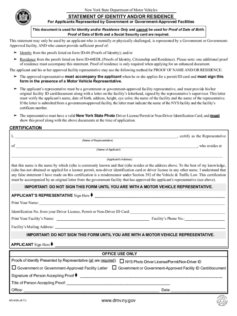 Form MV-45A - Statement of Identity and/or Residence - New York