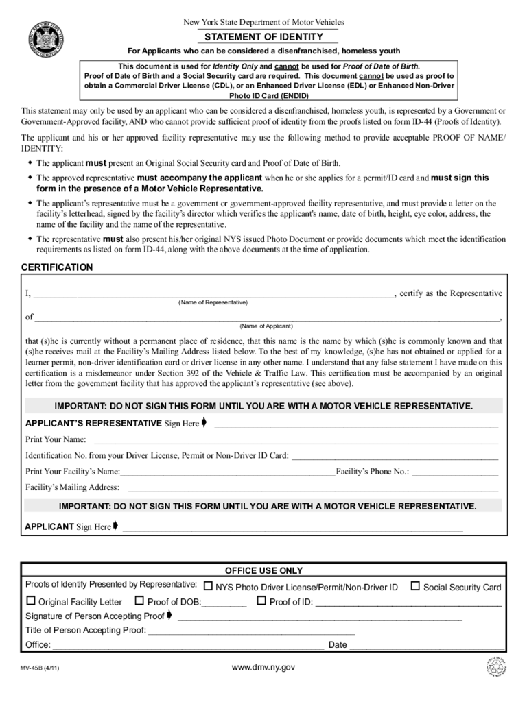 Form MV-45B - Statement of Identity - New York