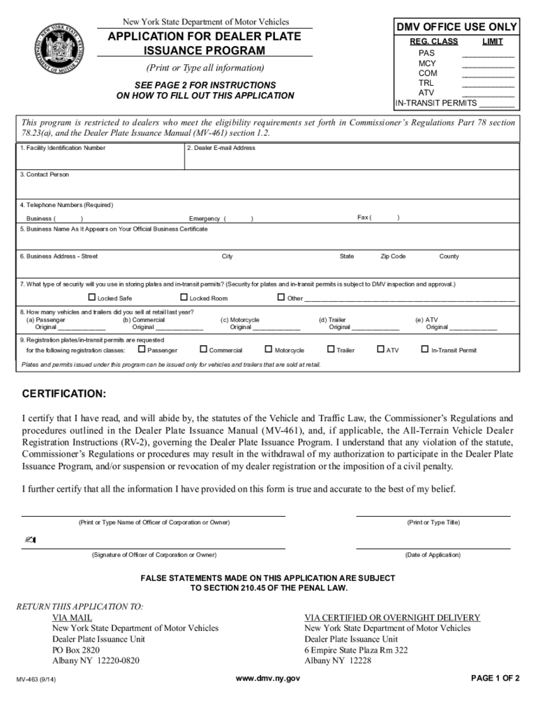 Form MV-463 - Application for Dealer Plate Issuance Program - New York