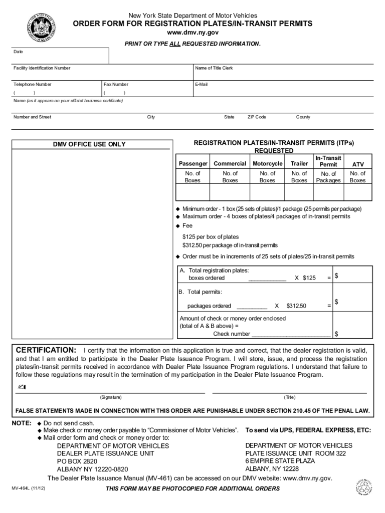 Form MV-464L - Order Form for Registration Plates/In-Transit Permits - New York