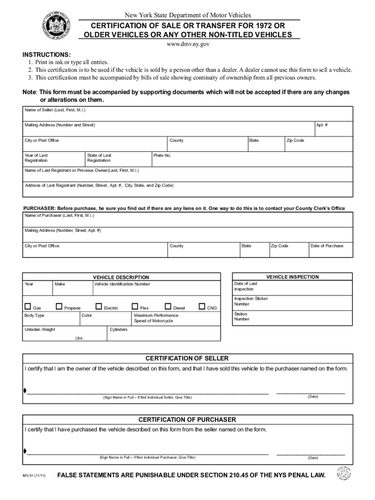 Form MV-51 - Certification of Sale or Transfer - New York
