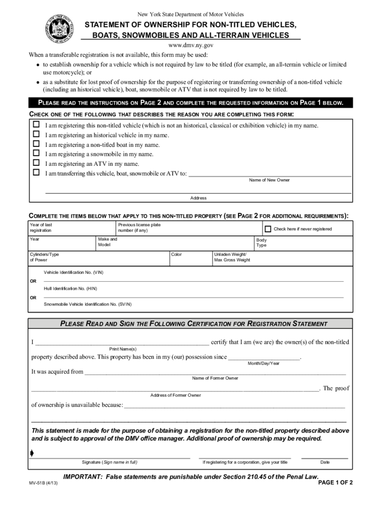 Form MV-51B - Statement of Ownership for Vehicles - New York