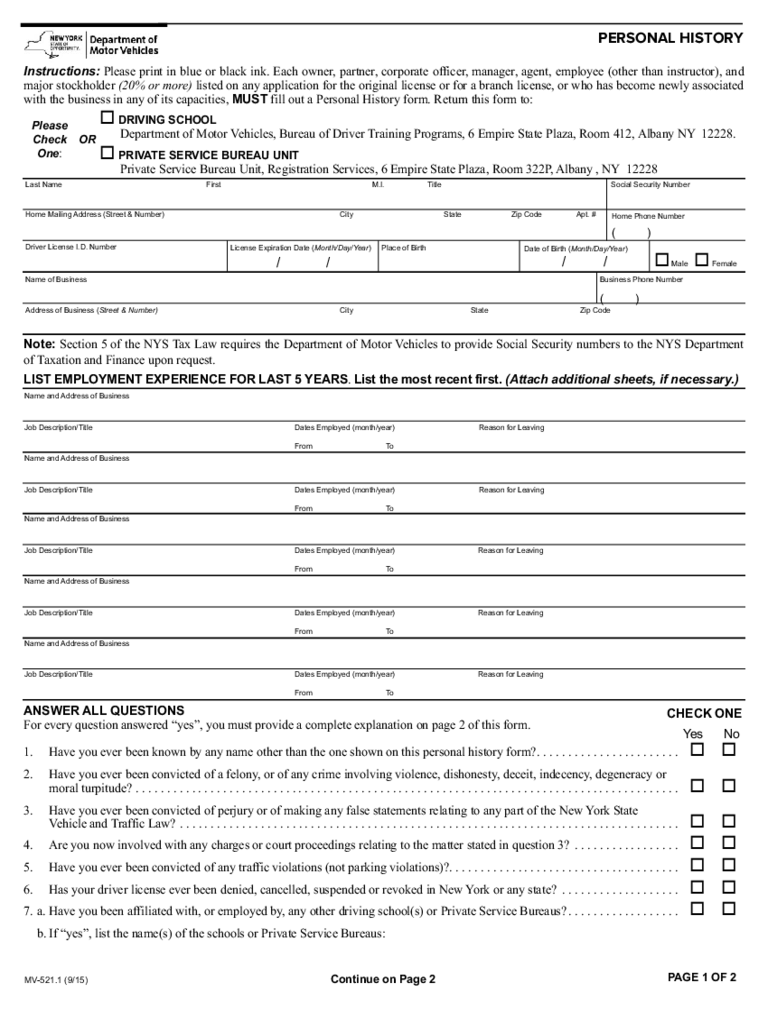 Form MV-521.1 - Personal History - New York