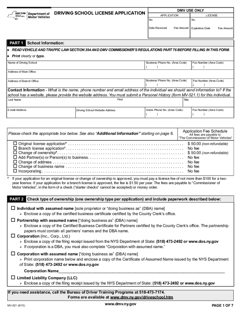 Form MV-521 - Driving School License Application - New York
