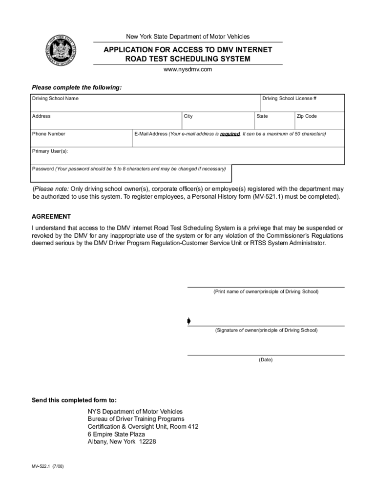Form MV-522.1 - Application for Access to DMV Internet Road Test Scheduling System - New York