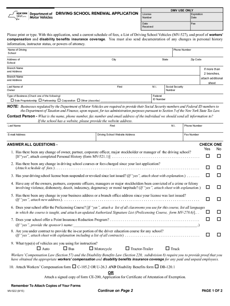 Form MV-522 - Driving School Renewal Application - New York