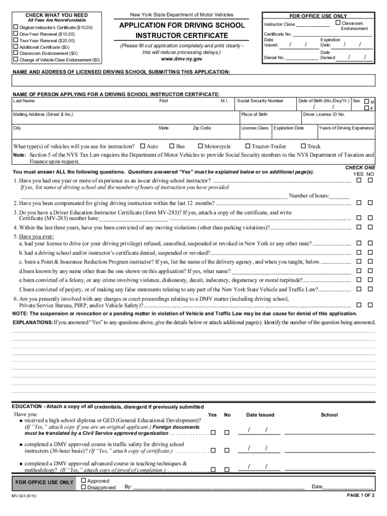 Form MV-523 - Application for Driving School Instructor Certificate - New York
